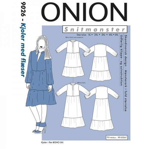 Snitmønster Onion 9026 "Kjole med flæser Plus-størrelser" str XL - 5 XL