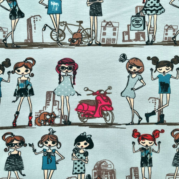 1m Bomuldsjersey med Bort “Blue Girls on the Line“