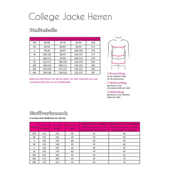 Papierschnittmuster "College Jacke" Herren Gr. 2XS - 4XL