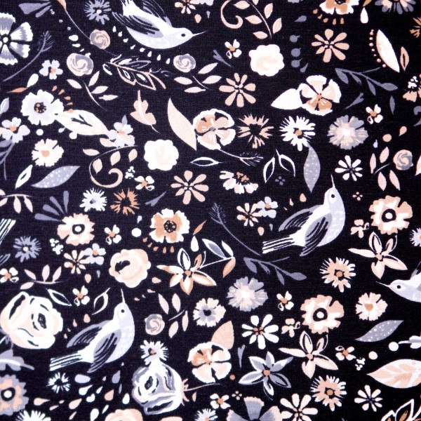 Bomuldsjersey med blomster og fugle