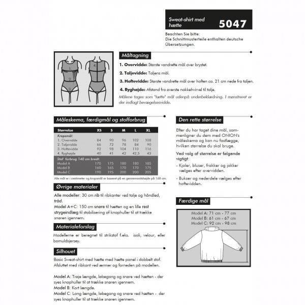 Snitmønster Onion 5047 "Sweat-shirt med hætte" str XS - XL