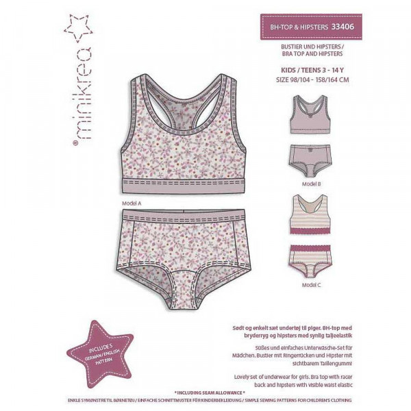 Papierschnittmuster 33406 "Bustier und Hipsters" von minikrea Kids 3-14 Jahre (Gr. 98 - 164)