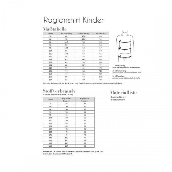 Snitmønster "Raglanshirt" Kids str 74 - 164