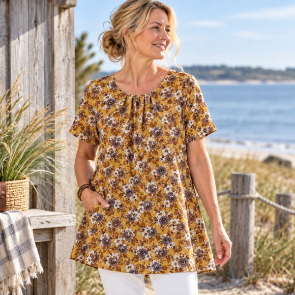 Vævet Viscose brun med blomster