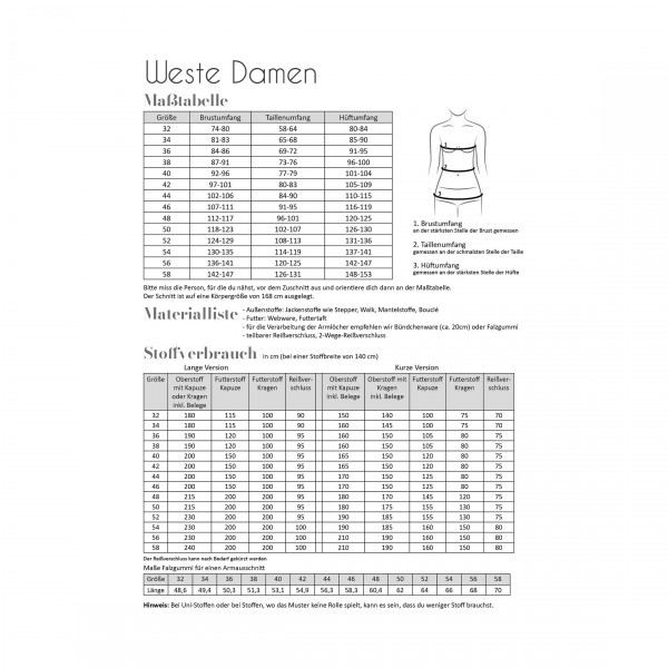 Snitmønster "Weste" Dame str 32 - 58