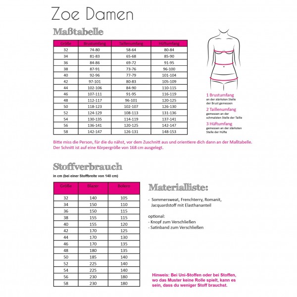 Snitmønster blazer eller bolero "Zoe" Dame str 32 - 58