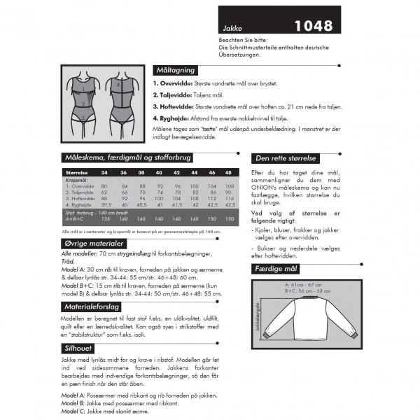 Snitmønster Onion 1048 "Jakke sporty box-stil“ str 34 - 48