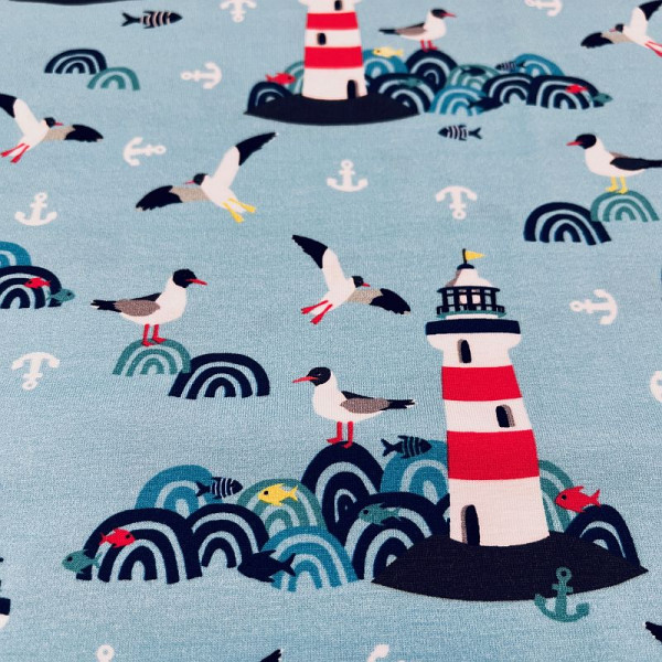 Bomuldsjersey “Lighthouse Island“ lyseblå