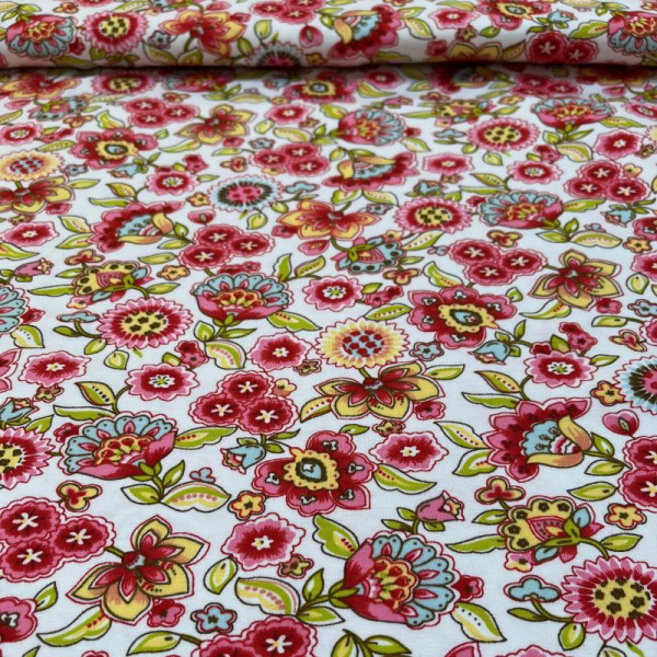 1m Bomuldsjersey "Blomster" hvid