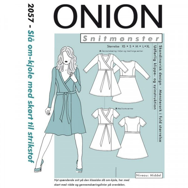 Snitmønster Onion 2057 "Slå om-kjole med skørt til strikstof" str XS - XL