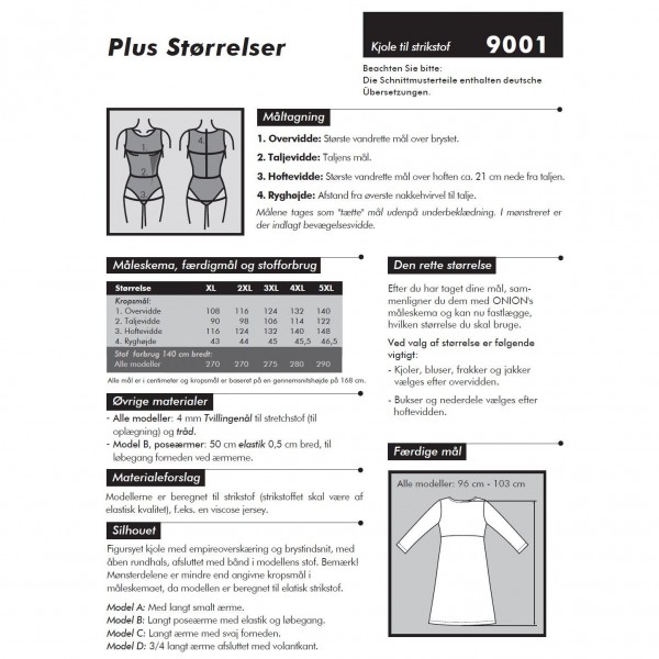 Snitmønster Onion 9001 "Kjole til strikstof" Plusstørrelser XL - 5 XL