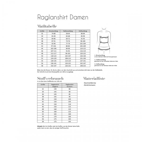 Snitmønster "Raglanshirt" Dame str 32 - 58