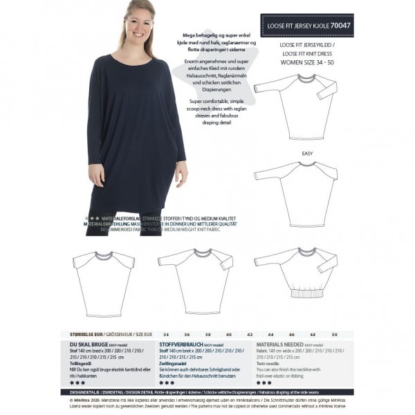 Snitmønster minikrea 70047 "Loose fit Jersey Kjole" str 34 - 50