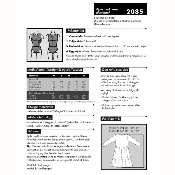 Snitmønster Onion 2085 "Kjoler med flæser til strikstof" str XS - XL