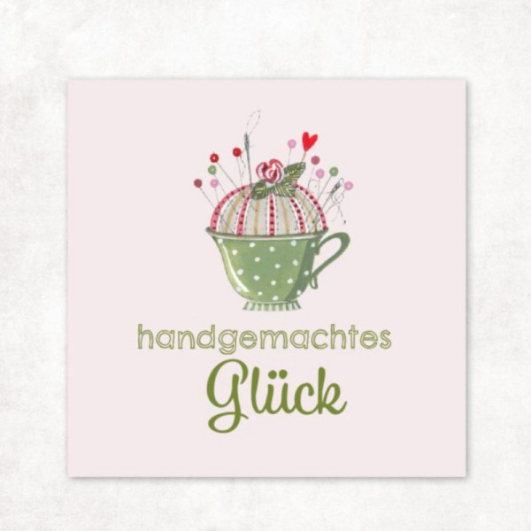 Vævet etiket "Handgemachtes Glück" 60 x 60 mm
