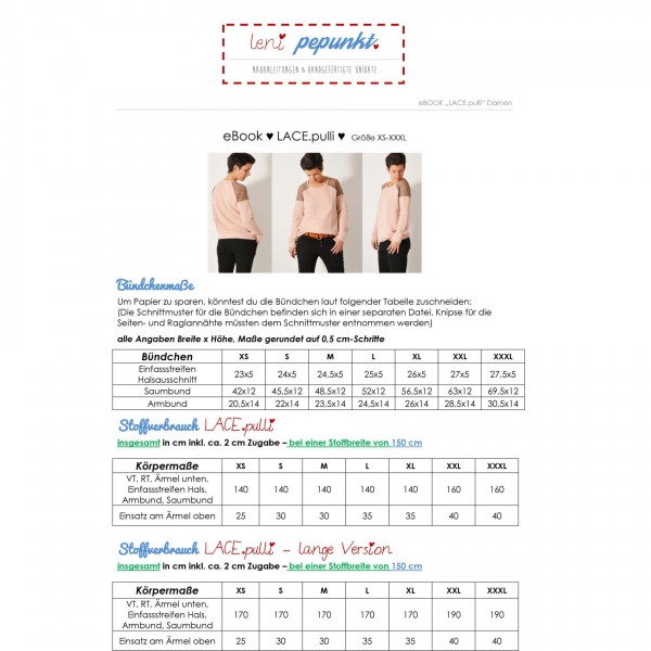 Snitmønster LeniPePunkt 88 "LACE.pulli" str XS - XXXL