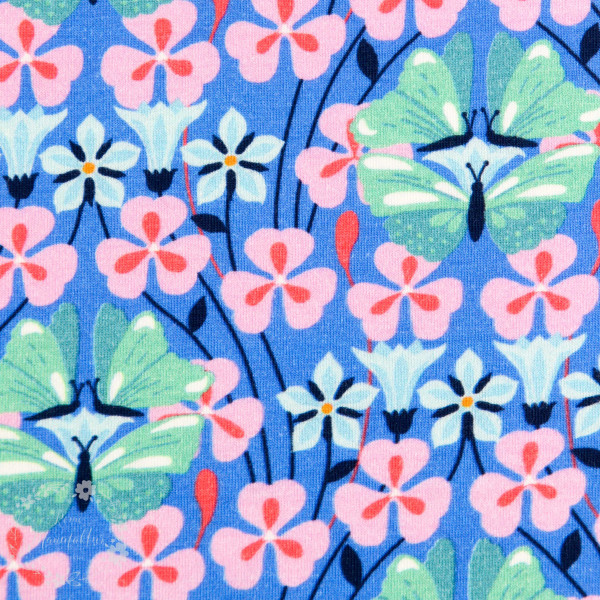 Bomuldsjersey “Flora Sommerfugl“ blå