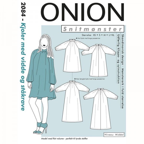 Snitmønster Onion 2084 "Kjoler med vidde og ståkrave" str XS - XL