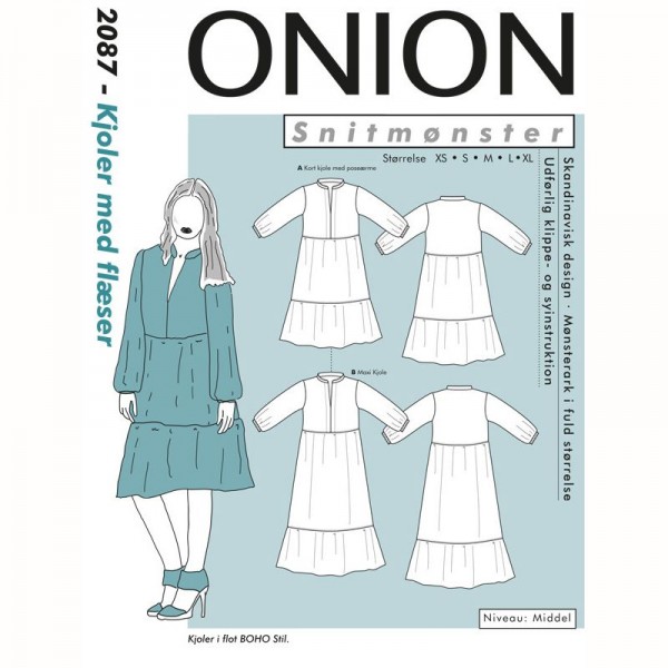 Snitmønster Onion 2087 "Kjoler med flæser" str XS - XL