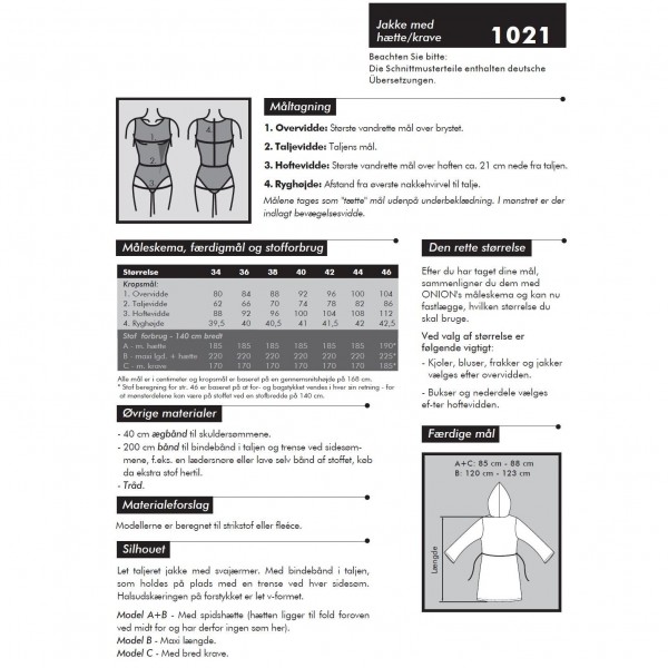 Snitmønster Onion 1021 "Jakke med krave / hætte" str 34 - 46