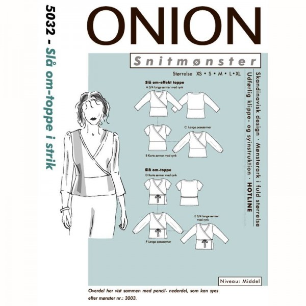 Snitmønster Onion 5032 "Slå om-toppe i strik" str XS - XL