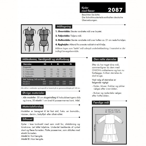 Snitmønster Onion 2087 "Kjoler med flæser" str XS - XL