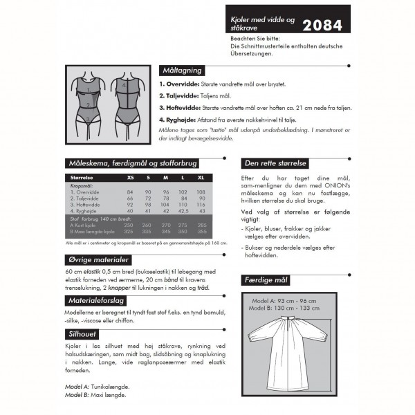 Snitmønster Onion 2084 "Kjoler med vidde og ståkrave" str XS - XL