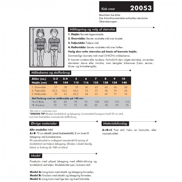 Snitmønster Onion Kids Wear 20053 "Posebuks & - knickers" str 98 - 140