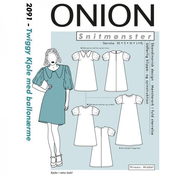 Snitmønster Onion 2091 "Twiggy Kjole med ballonærme" str XS - XL