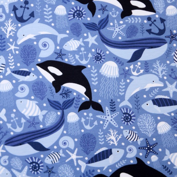 130 cm Bomuldsjersey “Under the Sea“ blå fra Julie Kids Fsashion