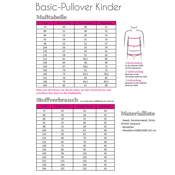 Snitmønster Kids-Trøje "Basic-Pullover" str 74 - 164