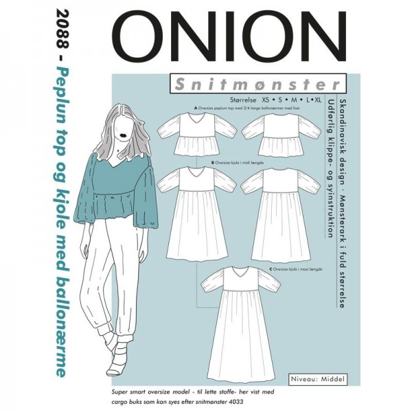 Snitmønster Onion 2088 "Peplum top og kjole med ballonærme" str XS - XL