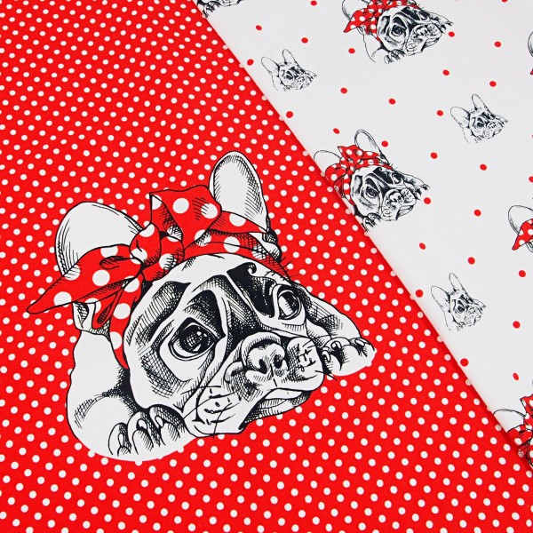 Bomuldsjersey-Panel "Bulldog" rød med hvide prikker