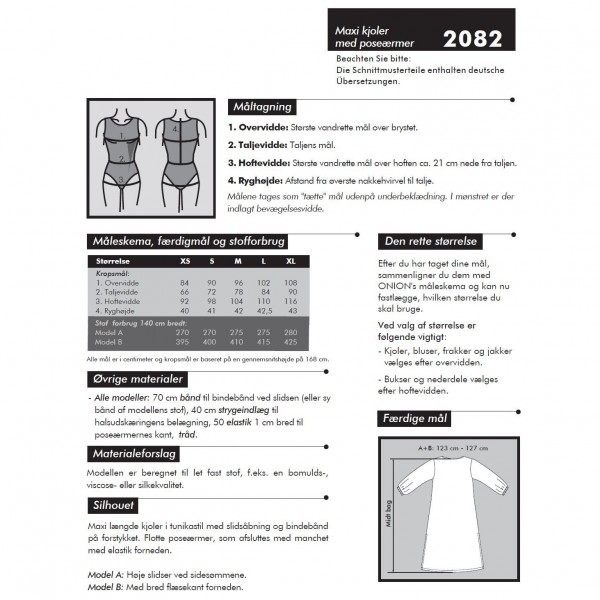 Snitmønster Onion 2082 "Maxi kjoler med poseærmer" str XS - XL