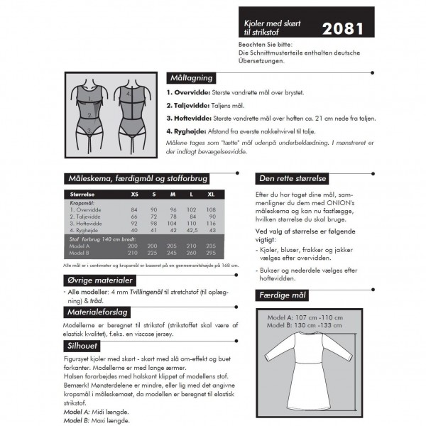 Snitmønster Onion 2081 "Kjole med skørt til strikstof" str XS - XL