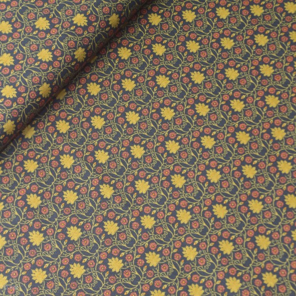 Bomuld “Voysey“ Indigo Scrolling Daisies 1900s Dark Blue
