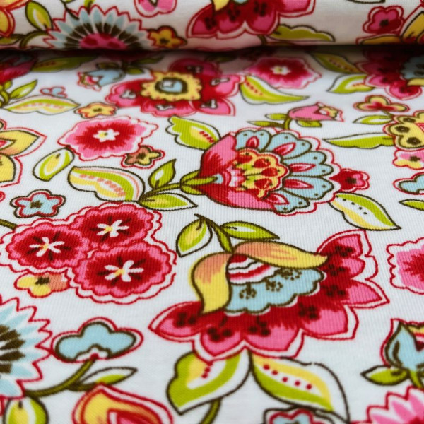 1m Bomuldsjersey "Blomster" hvid