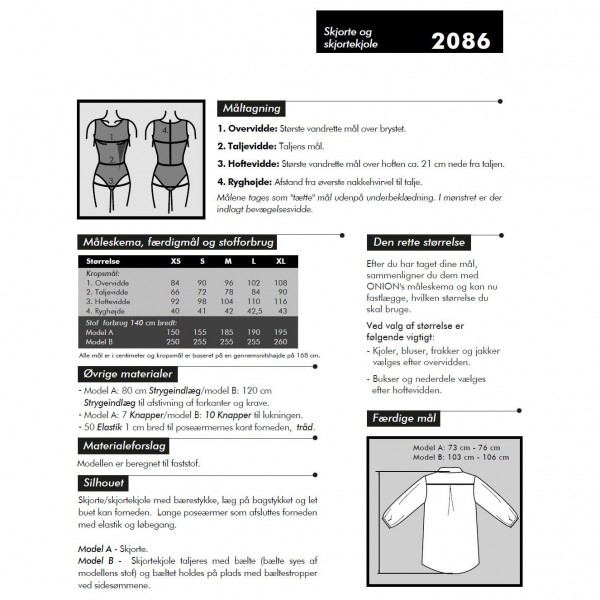 Snitmønster Onion 2086 "Skjorte og skjortekjole" str XS - XL
