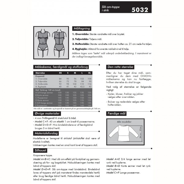 Snitmønster Onion 5032 "Slå om-toppe i strik" str XS - XL