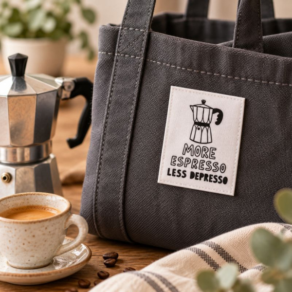 XXL-Baumwolllabel "More Espresso, Less Depresso"