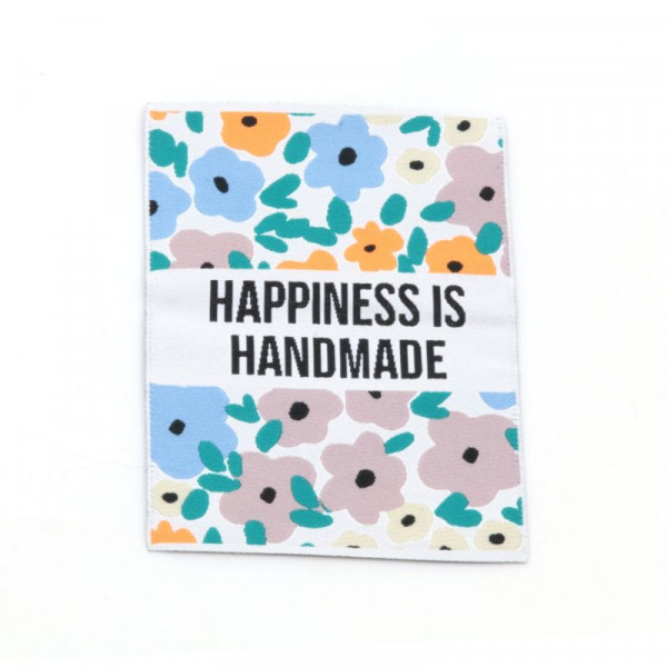 Vævet etiket "Happiness is handmade" 60 x 80 mm