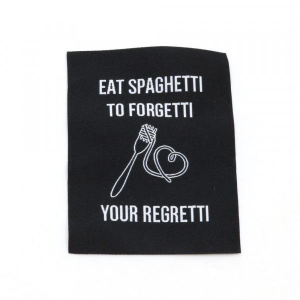 Vævet etiket "Eat Spaghetti" 60 x 80 mm