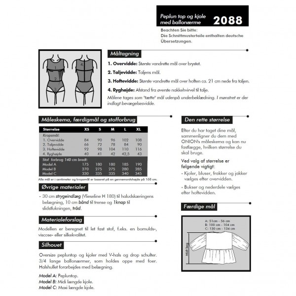 Snitmønster Onion 2088 "Peplum top og kjole med ballonærme" str XS - XL