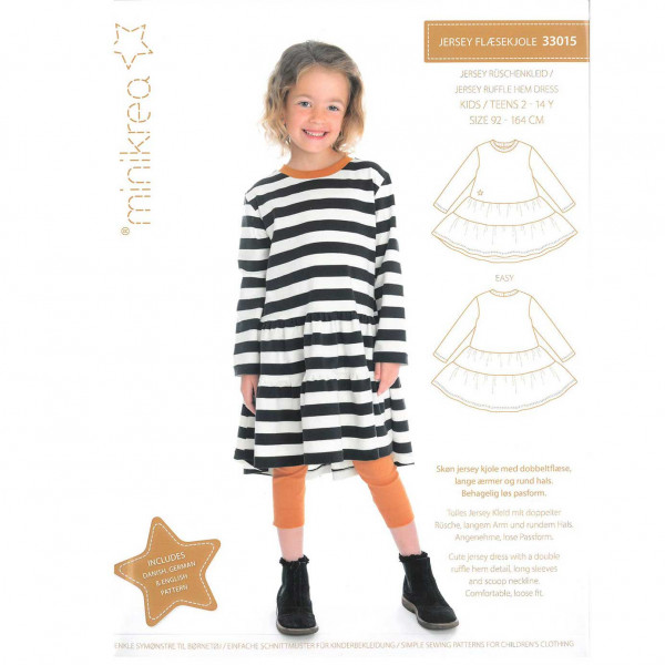 Papierschnittmuster 33015 "Jersey Rüschenkleid" von minikrea 2 - 14 Jahre (Gr. 92 - 164)