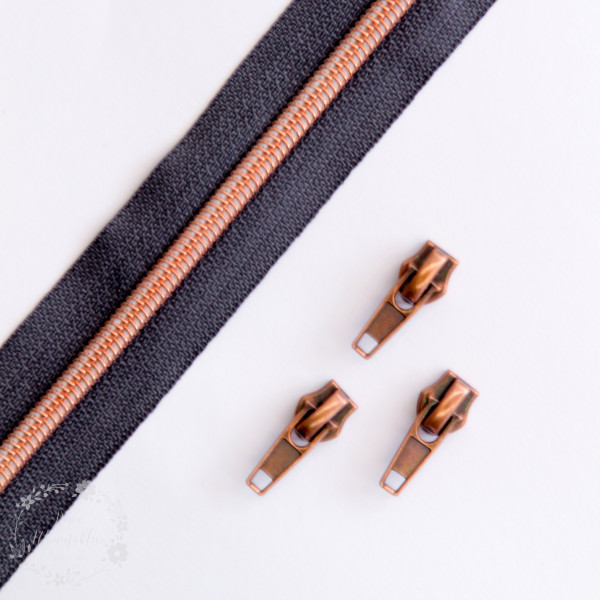 Kobber lynlås kollektion - 6,5 mm brede 1 meter lang med 3 glider
