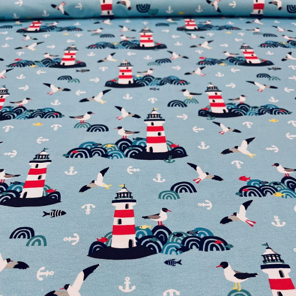 Bomuldsjersey “Lighthouse Island“ lyseblå