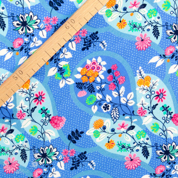 Bomuldsjersey Flora Blomsterdråber blå 2