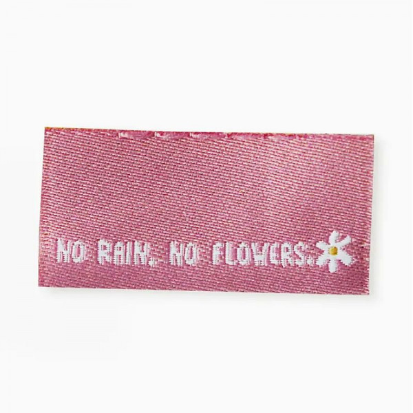 Klapp-Weblabel "No rain. No flowers" 30 x 15 mm