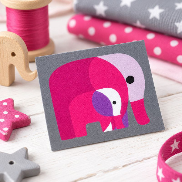 Label "Elefantenmama mit Baby" grau-pink