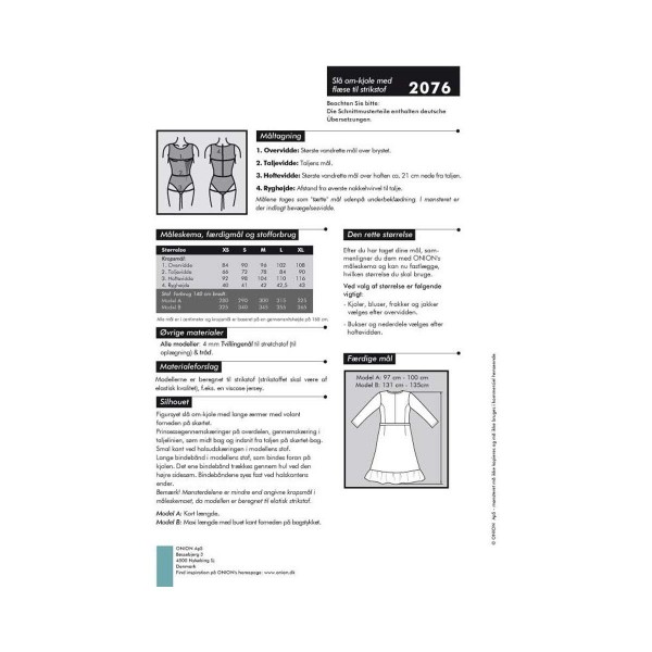 Snitmønster Onion 2076 "Slå om-kjole med flæse til strikstof" str XS - XL